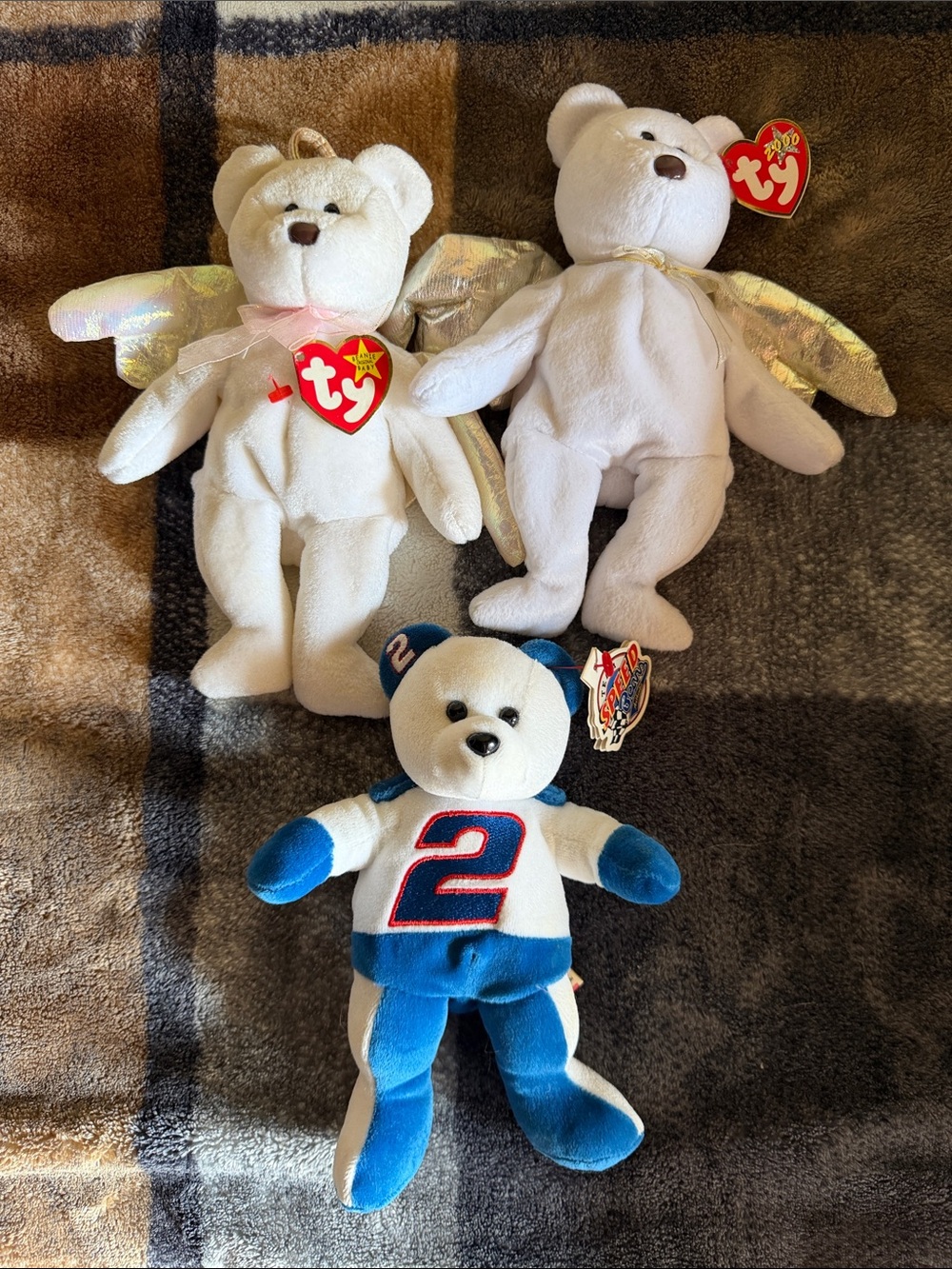 Ty Beanie babies!Mint. white Angel Bears Iridescent Wings and Blue NASCAR #2
